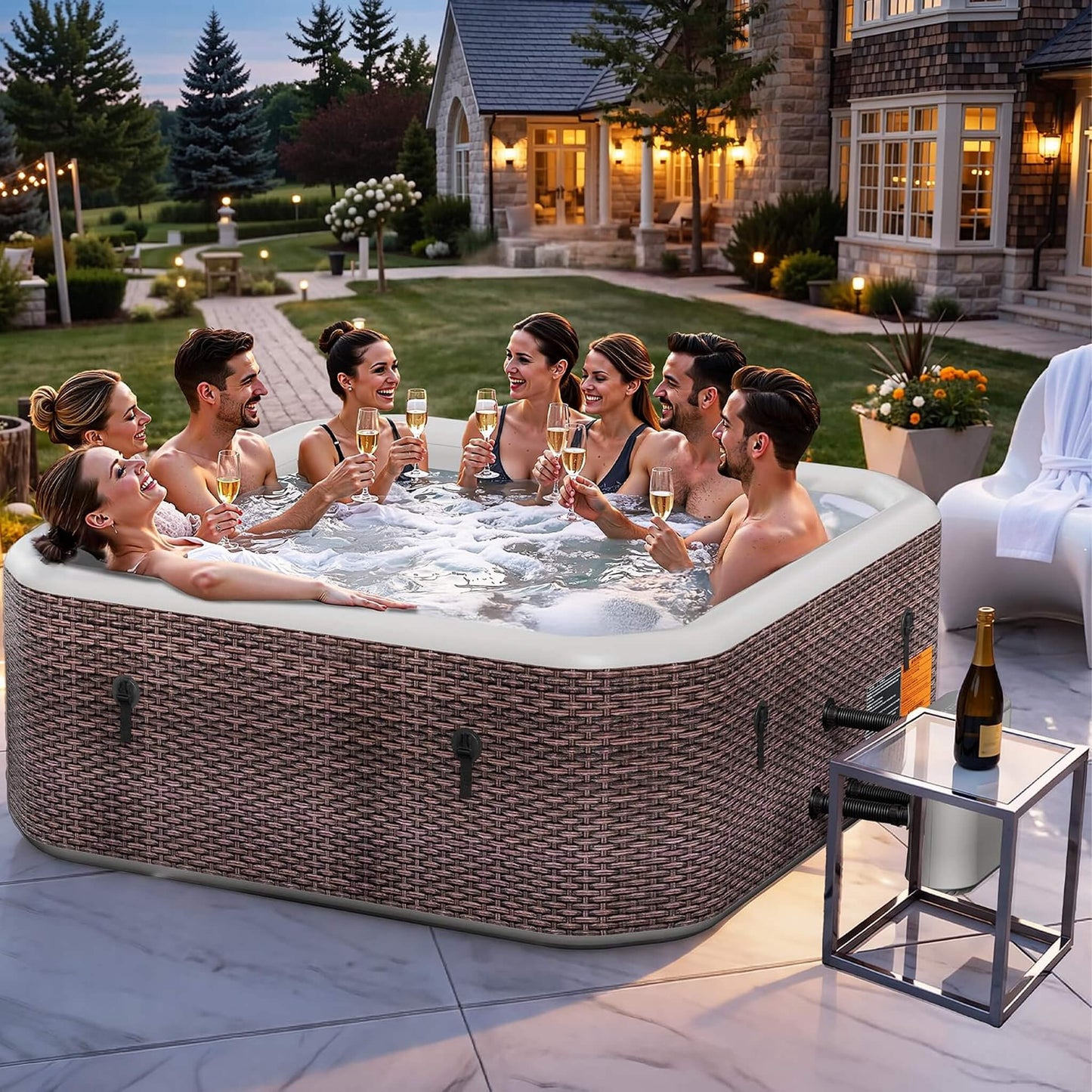 Premium 85-Inch Portable 8-Person Classic Rattan Design Inflatable Square Hot Tub With 220 Massage Jets (SAK56871)