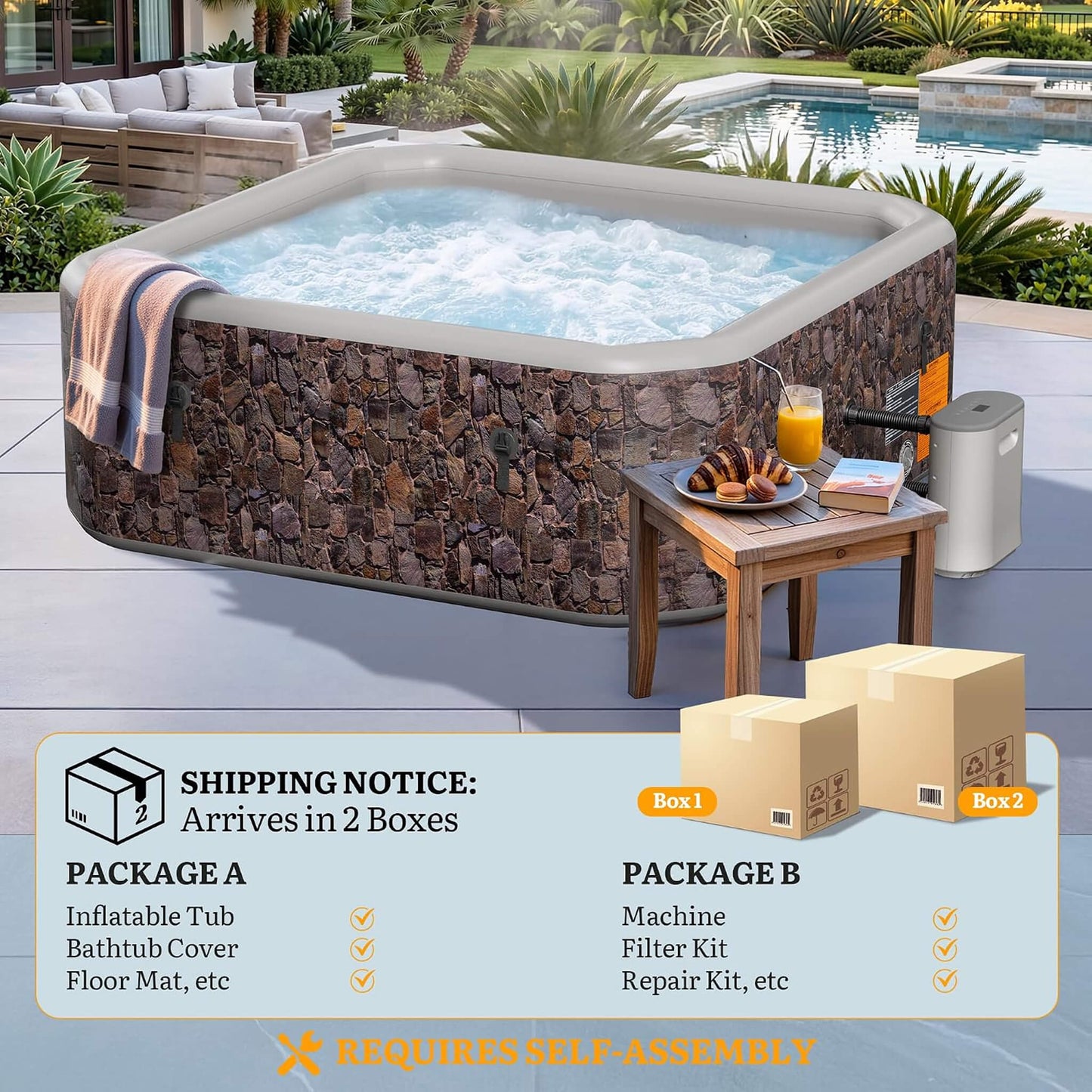 Premium 85-Inch Portable 8-Person Natural Stone Design Inflatable Square Hot Tub With 220 Massage Jets (SAK62731)