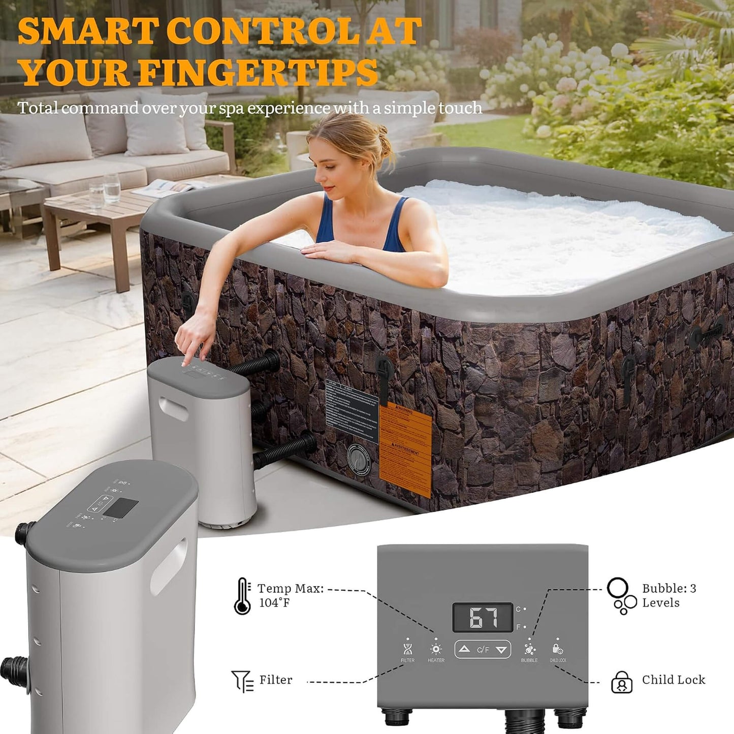 Premium 85-Inch Portable 8-Person Natural Stone Design Inflatable Square Hot Tub With 220 Massage Jets (SAK62731)