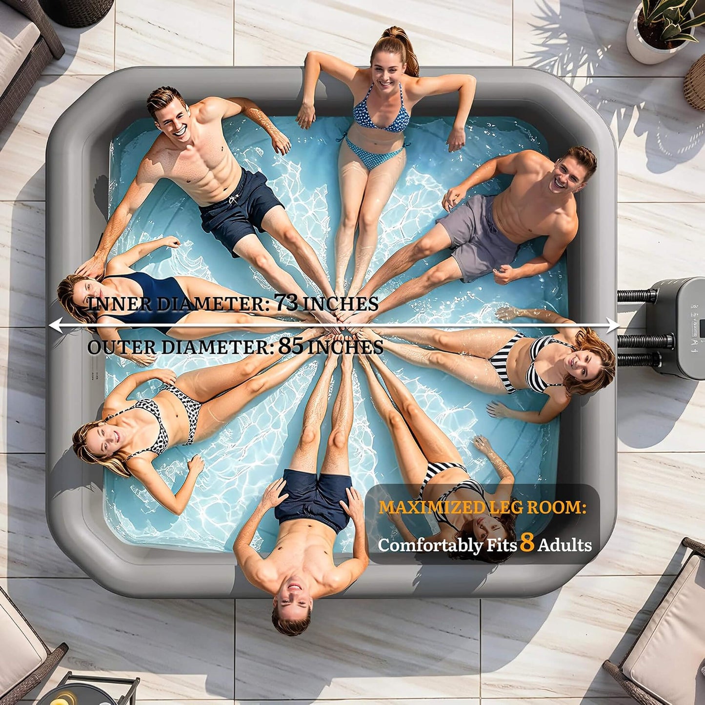 Premium 85-Inch Portable 8-Person Natural Stone Design Inflatable Square Hot Tub With 220 Massage Jets (SAK62731)