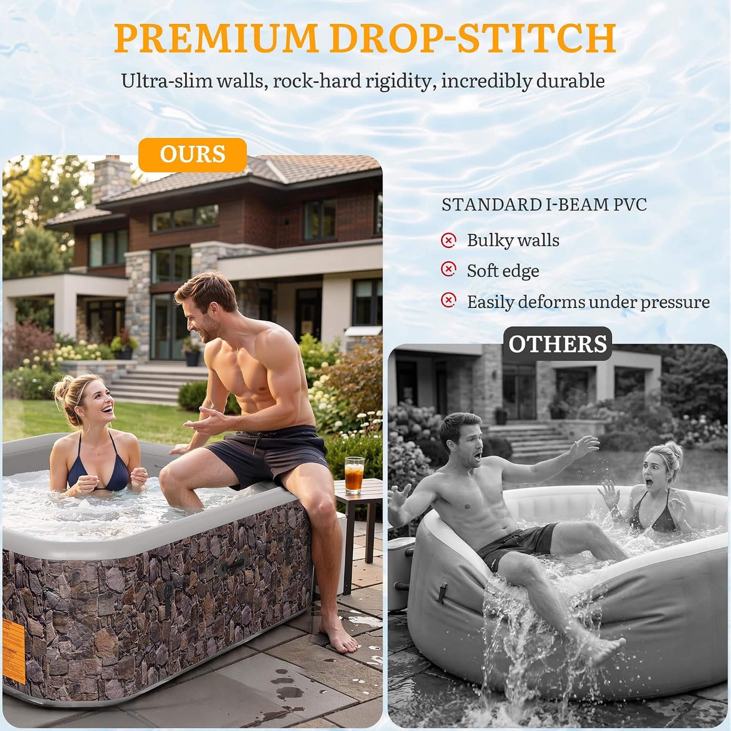 Premium 85-Inch Portable 8-Person Natural Stone Design Inflatable Square Hot Tub With 220 Massage Jets (SAK62731)