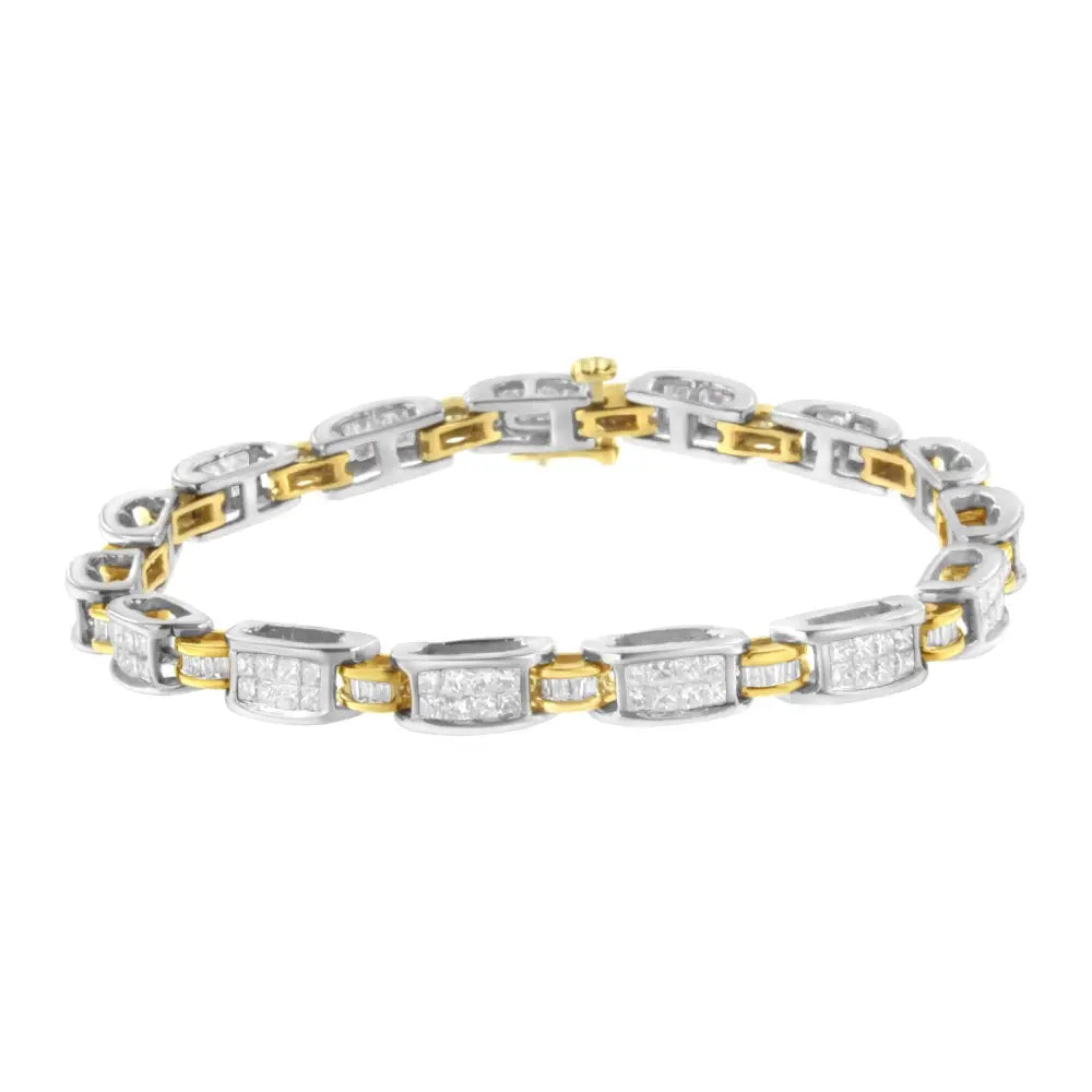 3cttw Princess and Baguette Diamond Link Bracelet in 14K Two Tone Gold