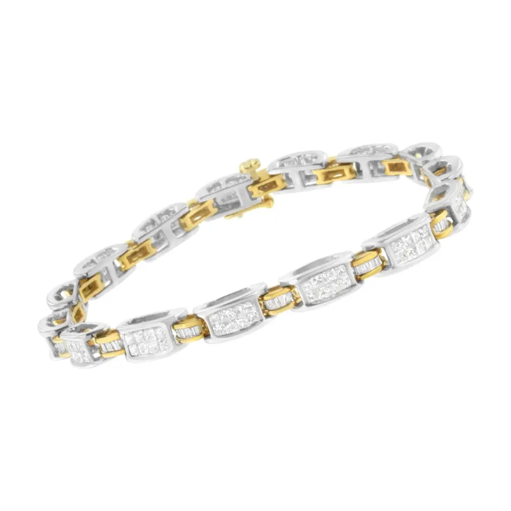 3cttw Princess and Baguette Diamond Link Bracelet in 14K Two Tone Gold