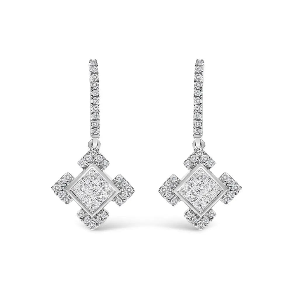 Princess & Round Diamond Geometric Dangle Earrings in 10K White Gold – 1/2 Cttw