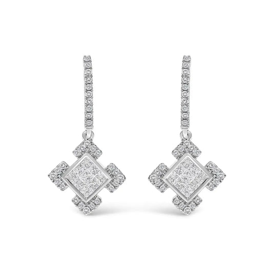Princess & Round Diamond Geometric Dangle Earrings in 10K White Gold – 1/2 Cttw