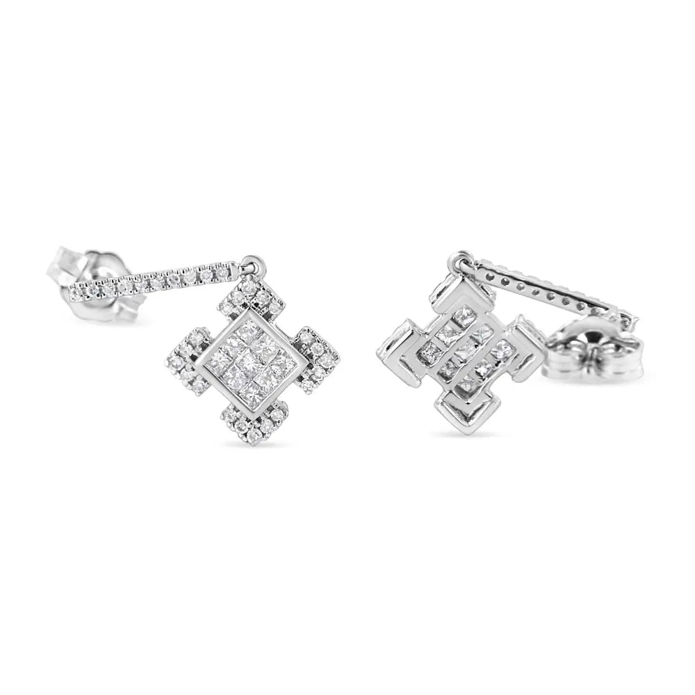 Princess & Round Diamond Geometric Dangle Earrings in 10K White Gold – 1/2 Cttw