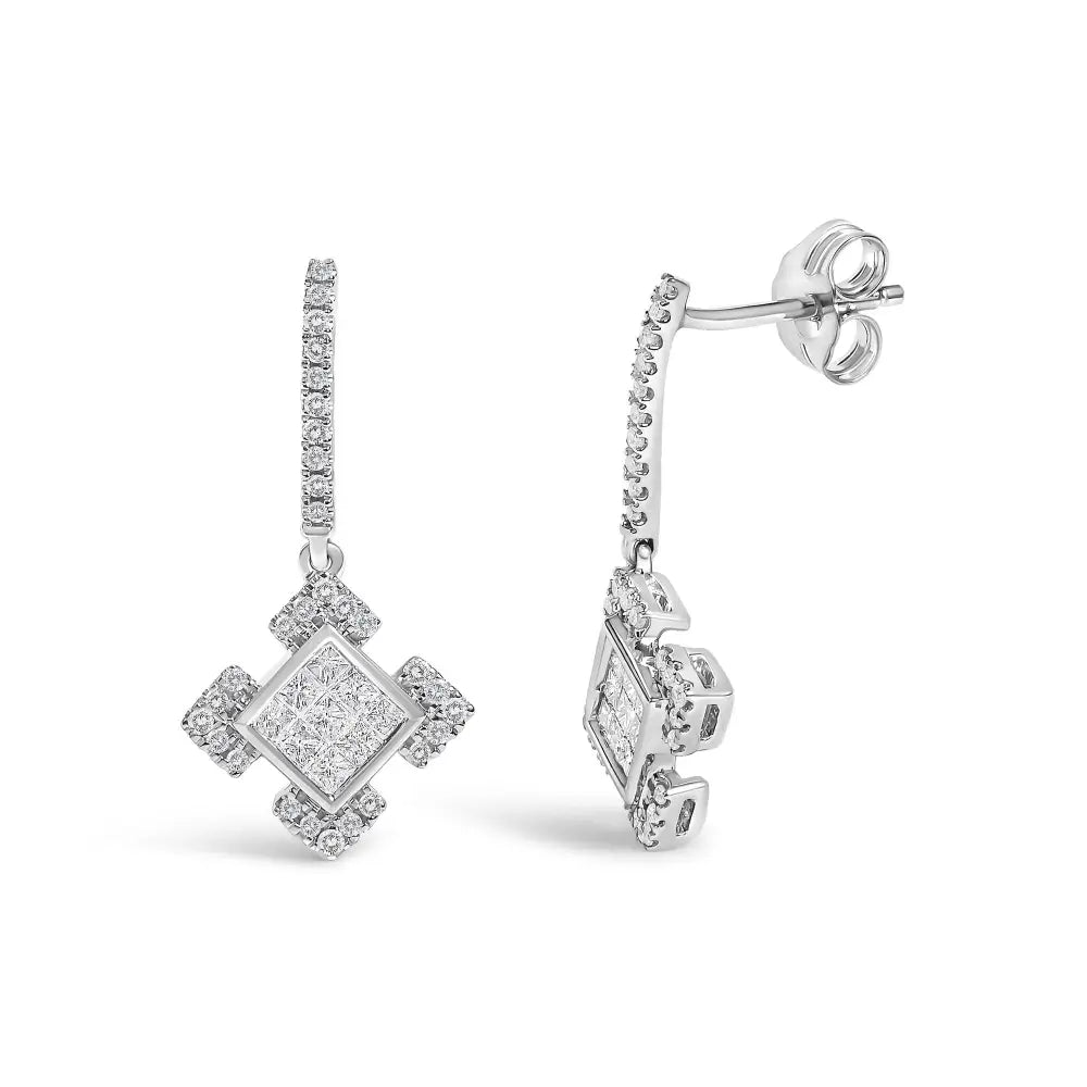 Princess & Round Diamond Geometric Dangle Earrings in 10K White Gold – 1/2 Cttw