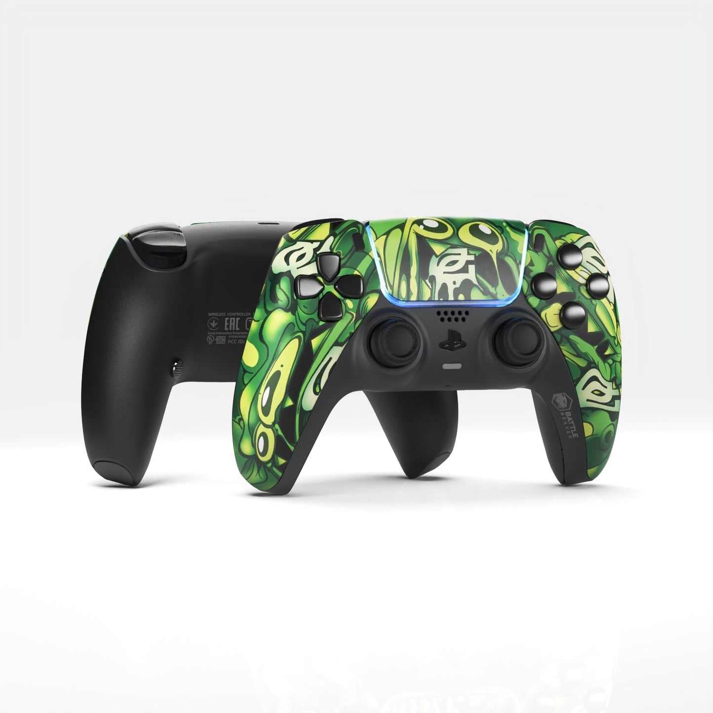 A black PlayStation-style game controller shown from the front and side on a clean white studio background. The front face has a green and black psychedelic swirl pattern with a blue light glow around the central button area.