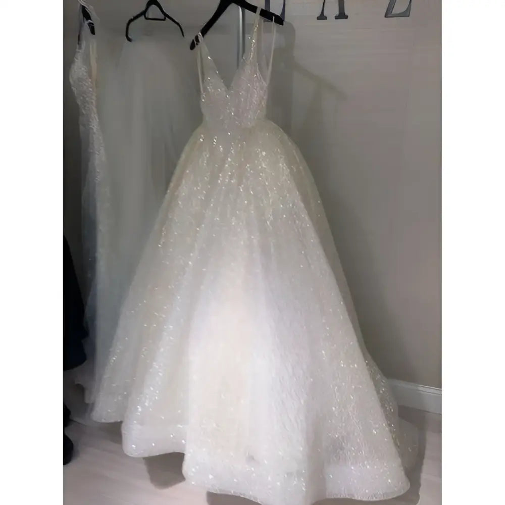 Pure White Sequined V-Neck Wedding Evening Dress