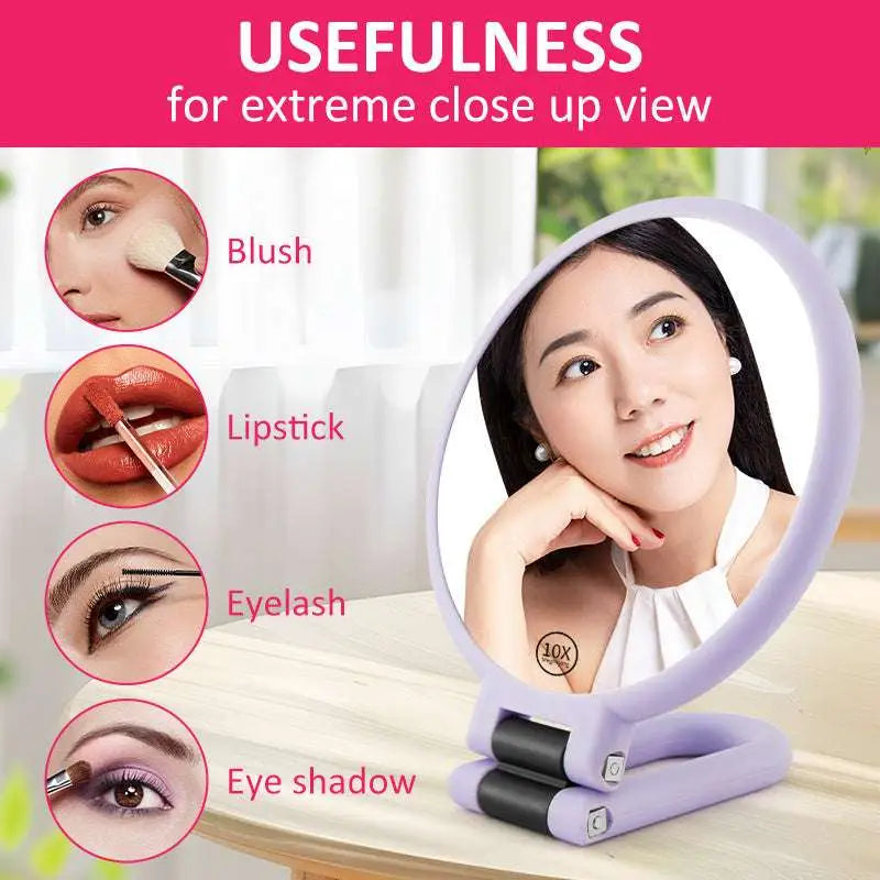 Purple 10x Magnifying Foldable Handle Mirror