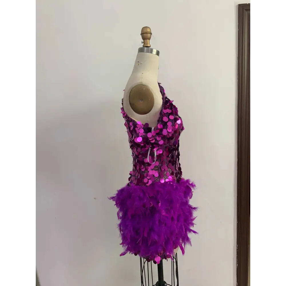 Purple Sequined Feather Sleeve Short Dress