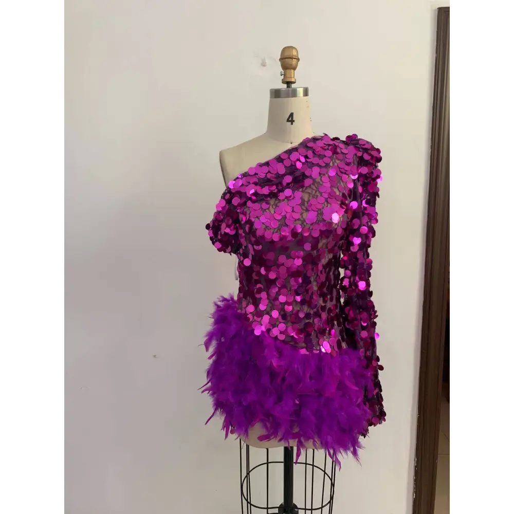 Purple Sequined Feather Sleeve Short Dress
