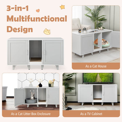 2-Door Cat Litter Box Enclosure with Winding Entry and Scratching Board-Gray