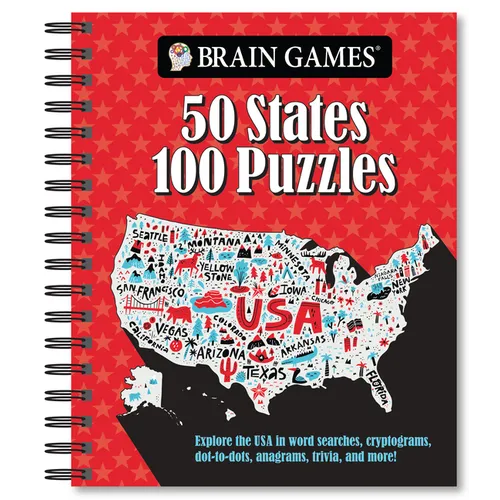 Brain Games - 50 States 100 Puzzles: Explore the USA in Word Searches, Cryptograms, Dot-To-Dots, Anagrams, Trivia, and More! - Spiral