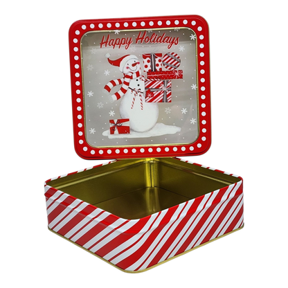 Square Cookie Tin with Window - Happy Holidays Snowman