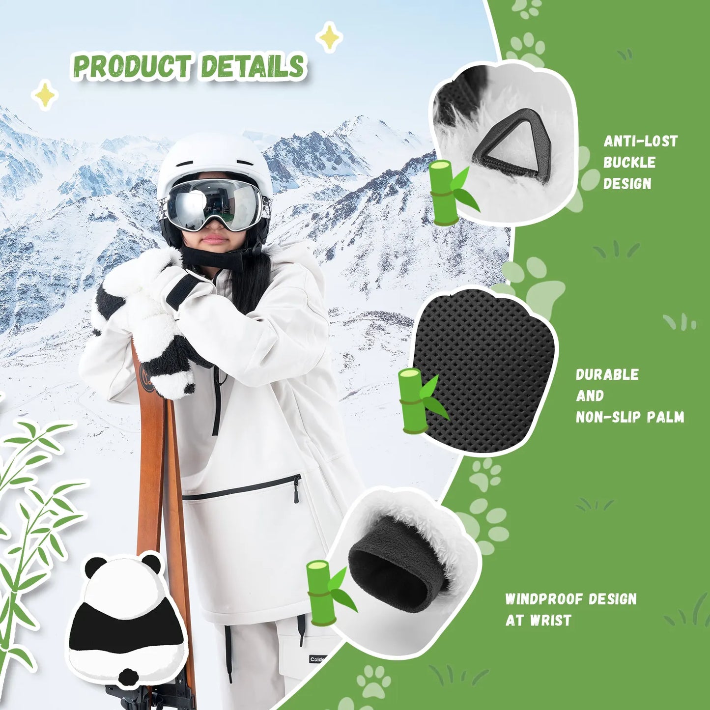 Panda Ski Gloves, Secure Grip & Warmth for Families