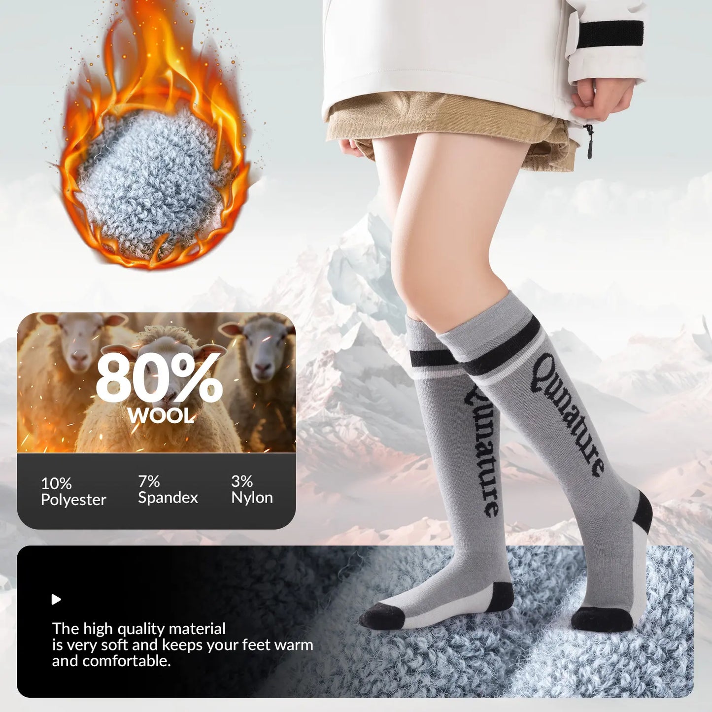 Kids Wool Blend Ski Socks, Cold Weather Knee-high Warm Socks for Winter