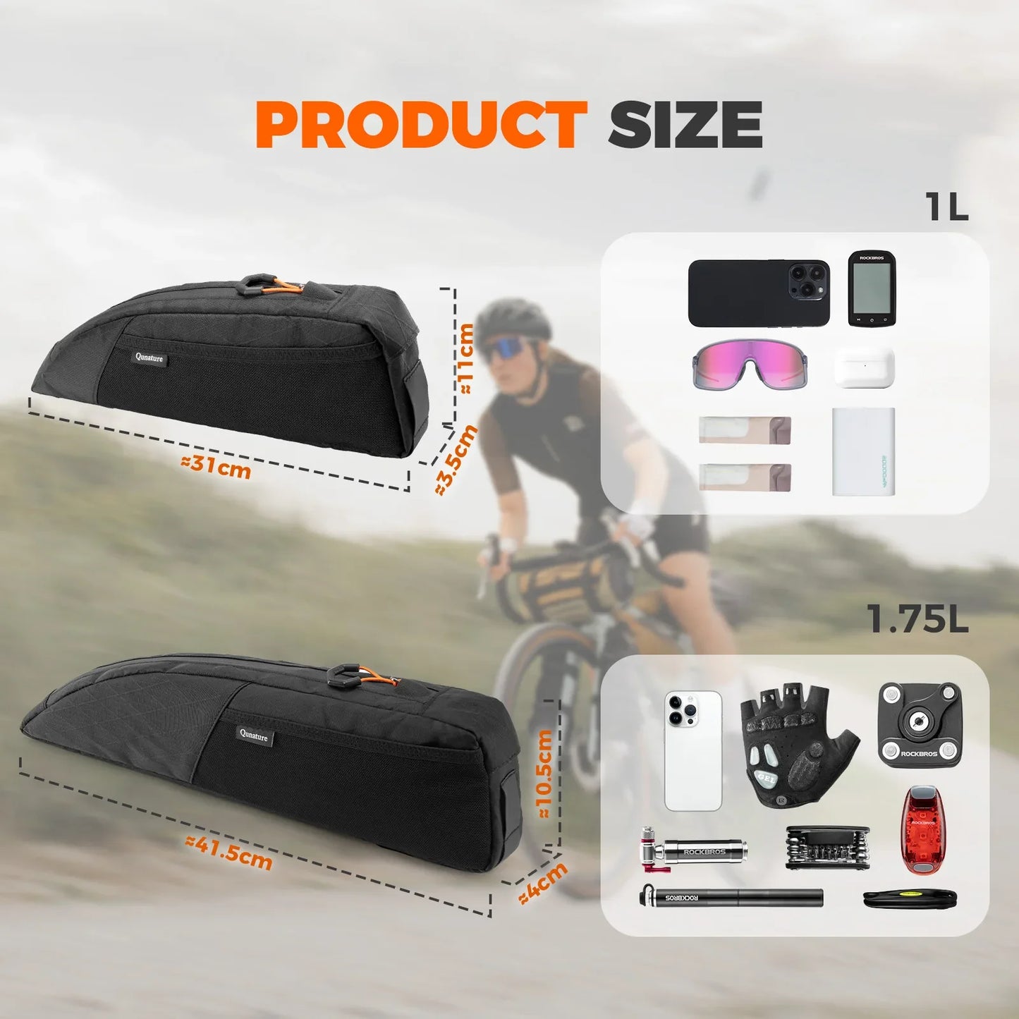 Water-repellent Top Tube Bag for Bikepacking 1L/1.75L