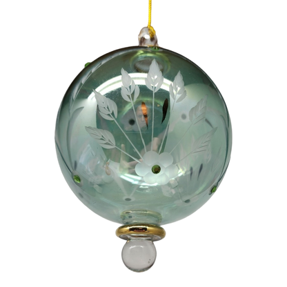 Etched Blown Glass Ball with Crystal Accents - Green