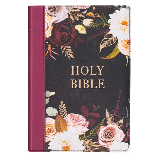 KJV Holy Bible, Thinline Large Print Faux Leather Red Letter Edition - Thumb Index & Ribbon Marker, King James Version, Black/Burgundy Printed Floral - Leather