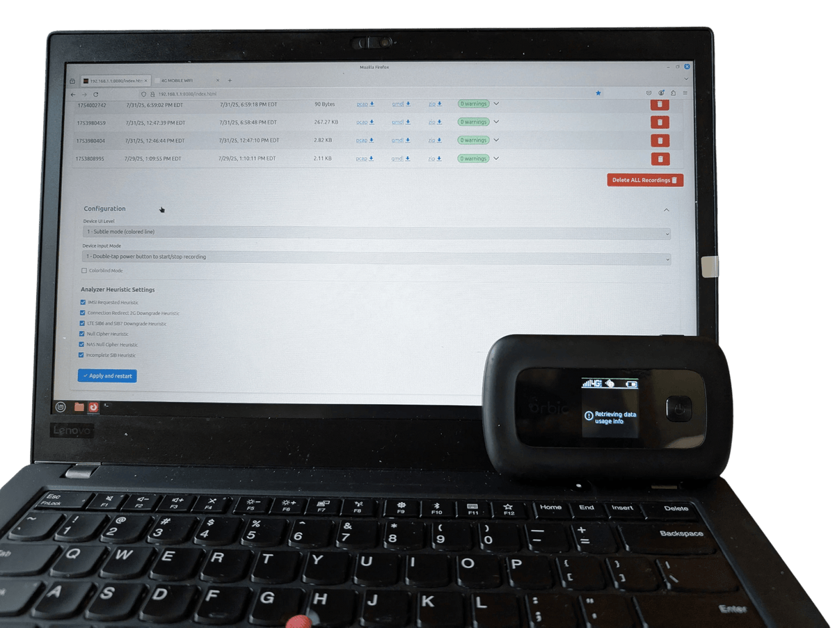 Open-Box RayHunter IMSI Catcher Detector – Orbic RC400L LTE Mobile Hotspot