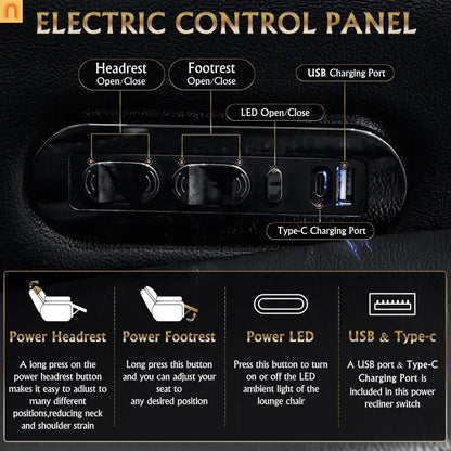 Recliner Top-Grain Leather Black RGB LED USB-C Charging