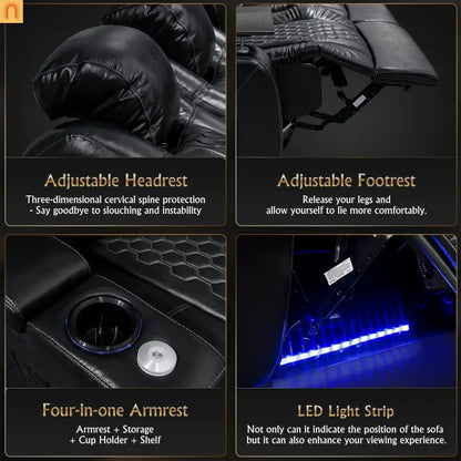 Recliner Power Genuine Leather Black Adjustable RGB LED 27 Colors USB