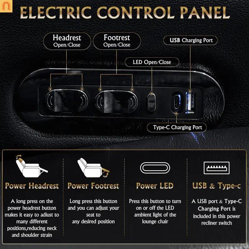 Recliner Power Genuine Leather Black Adjustable RGB LED 27 Colors USB