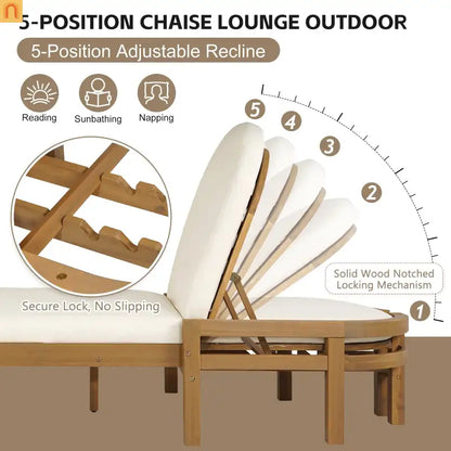 Chaise Lounge Acacia Wood Light Teak 5-Position Adjustable Cushion