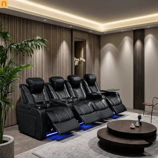 Recliner Power Genuine Leather Black 4-Piece Set RGB LED USB