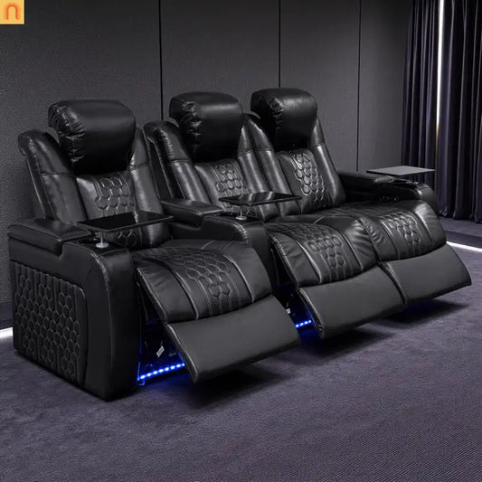 Recliner Set Top-Grain Leather Black 3-Seat RGB 17-Color USB-C