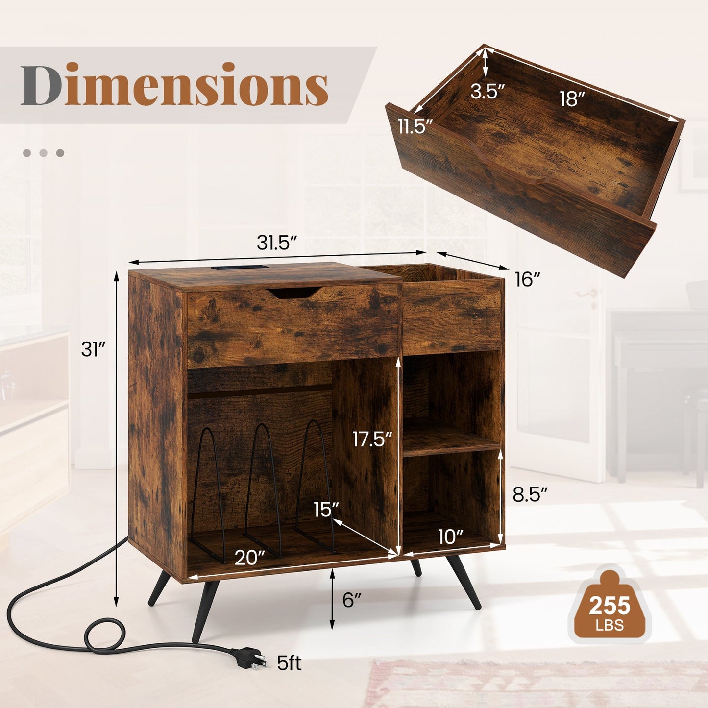 Record Player Stand with Power Outlet-Rustic Brown