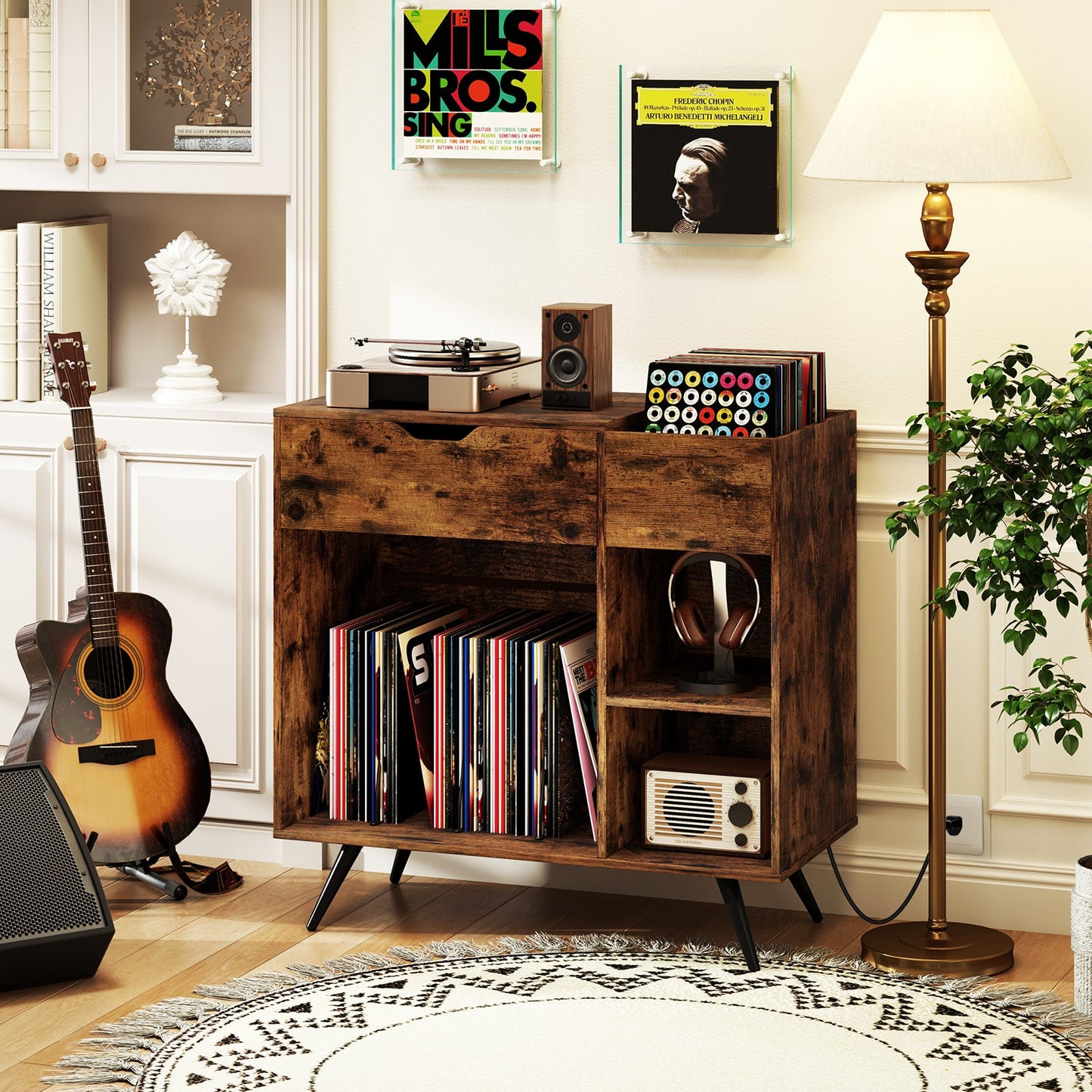 Record Player Stand with Power Outlet-Rustic Brown
