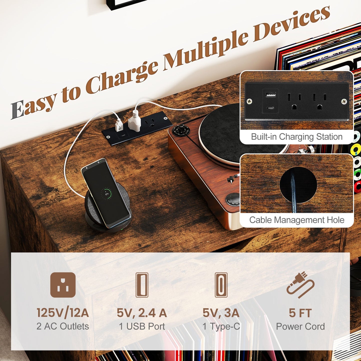 Record Player Stand with Power Outlet-Rustic Brown