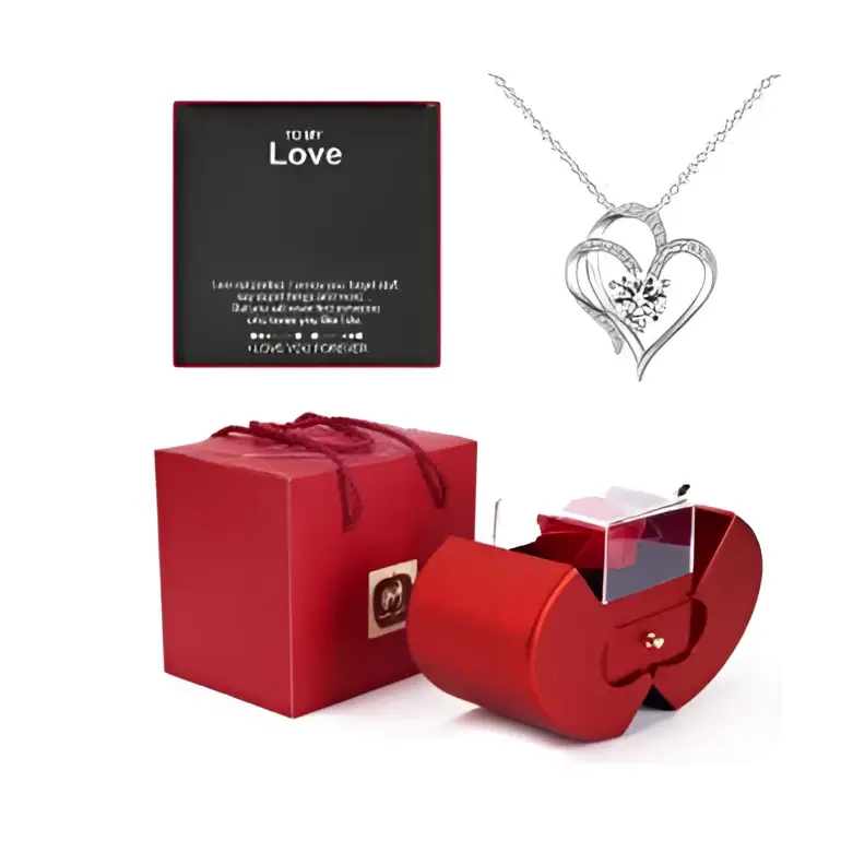Red Apple Jewelry Box with Rose and Necklace