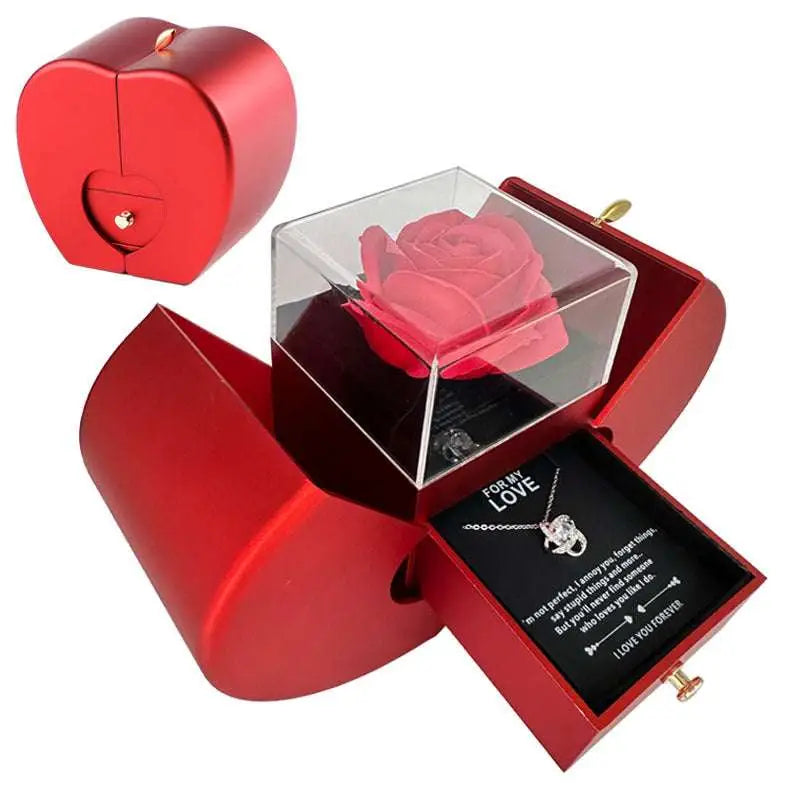 Red Apple Jewelry Box with Rose and Necklace