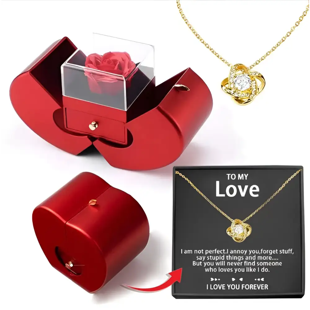 Red Apple Jewelry Box with Rose and Necklace