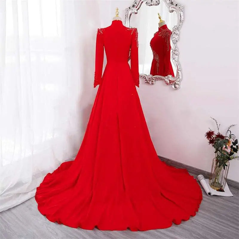 Red Beaded Long Sleeve Formal Evening Gown