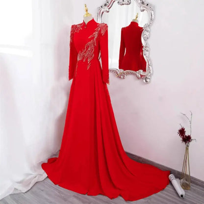 Red Beaded Long Sleeve Formal Evening Gown