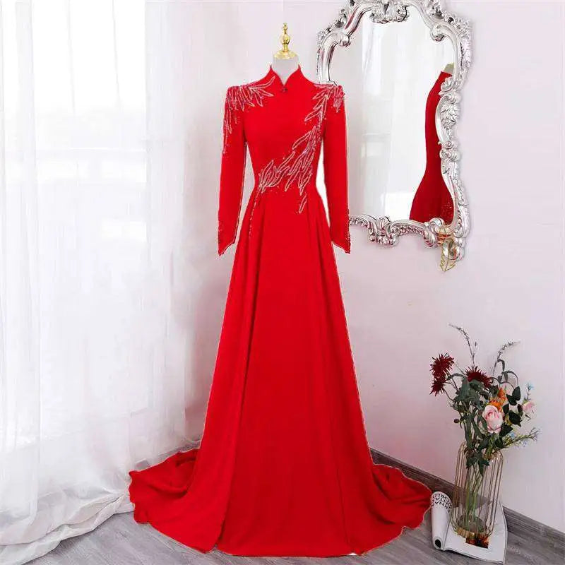Red Beaded Long Sleeve Formal Evening Gown