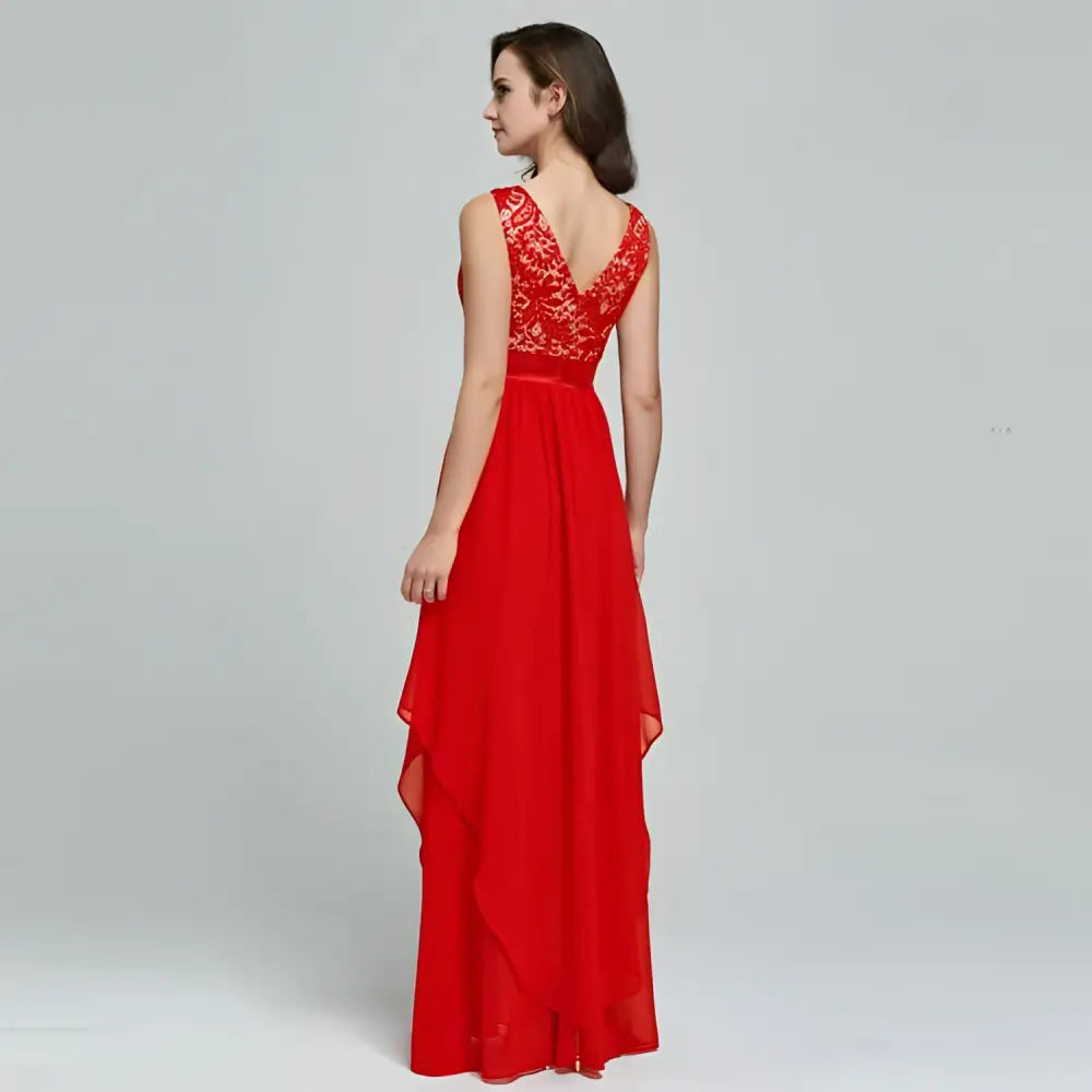 Red Lace Spliced Chiffon Gown