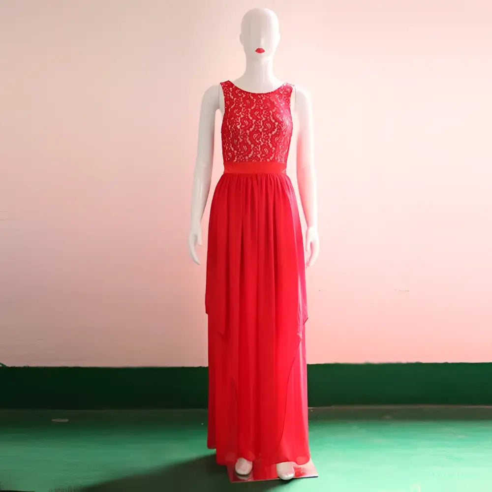 Red Lace Spliced Chiffon Gown