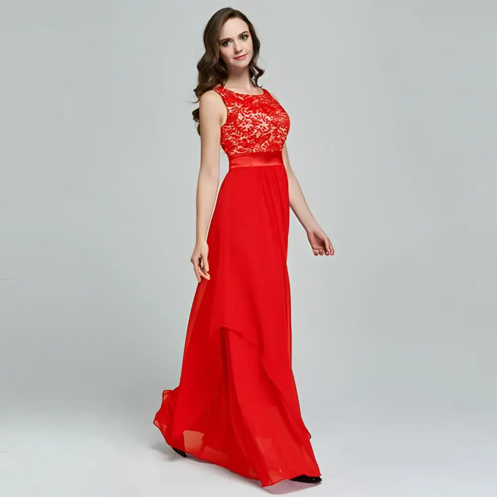 Red Lace Spliced Chiffon Gown
