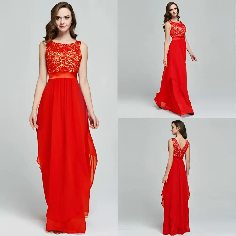 Red Lace Spliced Chiffon Gown