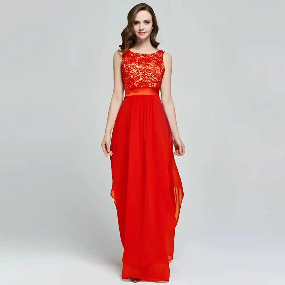 Red Lace Spliced Chiffon Gown