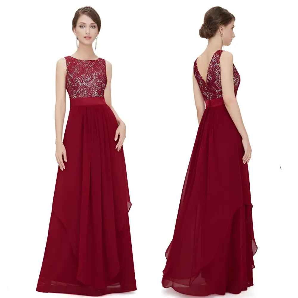 Red Lace Spliced Chiffon Gown