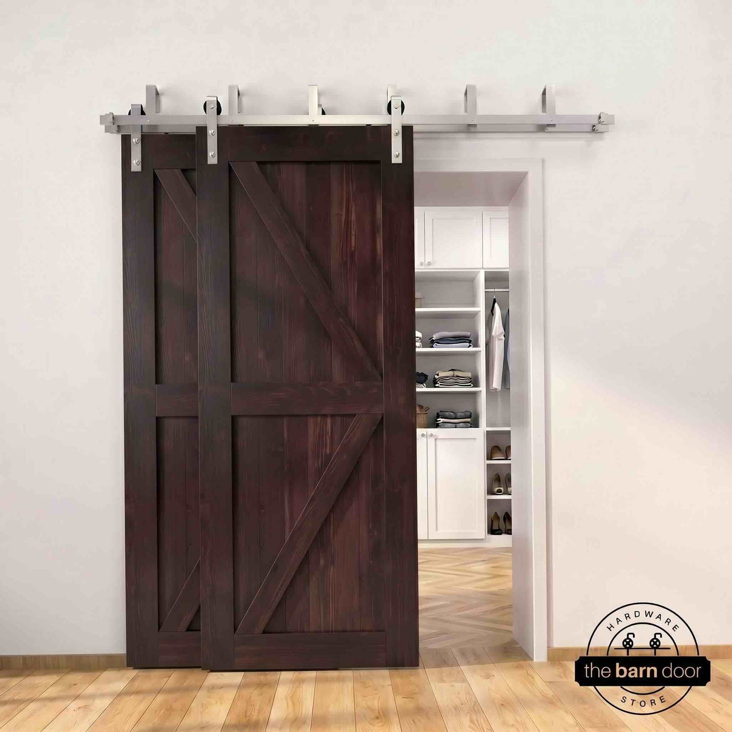 Classic Double Bypass 2 Door Barn Door Kit | Brushed Nickel Hardware