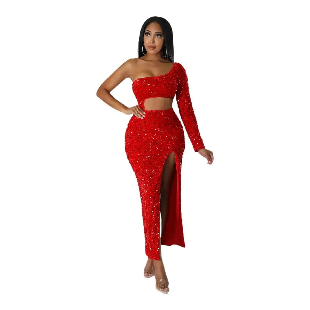 Red One Shoulder Fashionable Sequins Sexy Navel Split Dress
