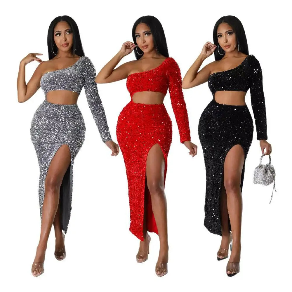 Red One Shoulder Fashionable Sequins Sexy Navel Split Dress