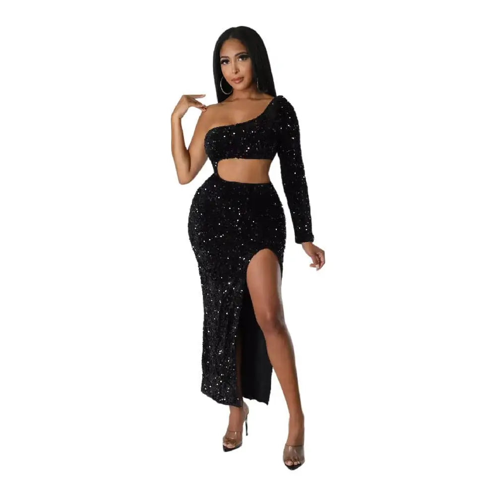 Red One Shoulder Fashionable Sequins Sexy Navel Split Dress